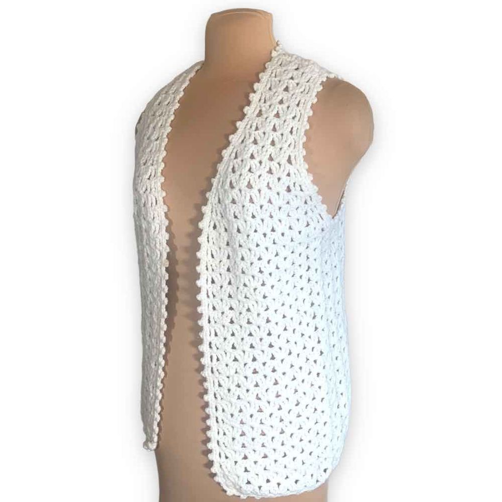 Vintage Crocheted Cardigan Sweater Vest Handmade White Loose Knit Sleeveless